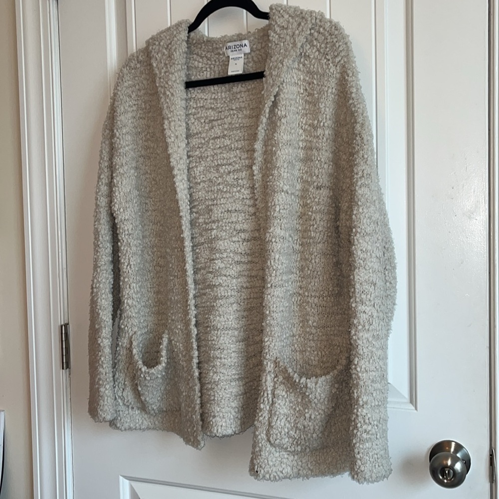Fluffy Hooded Cardigan Sweater, Beige, XL